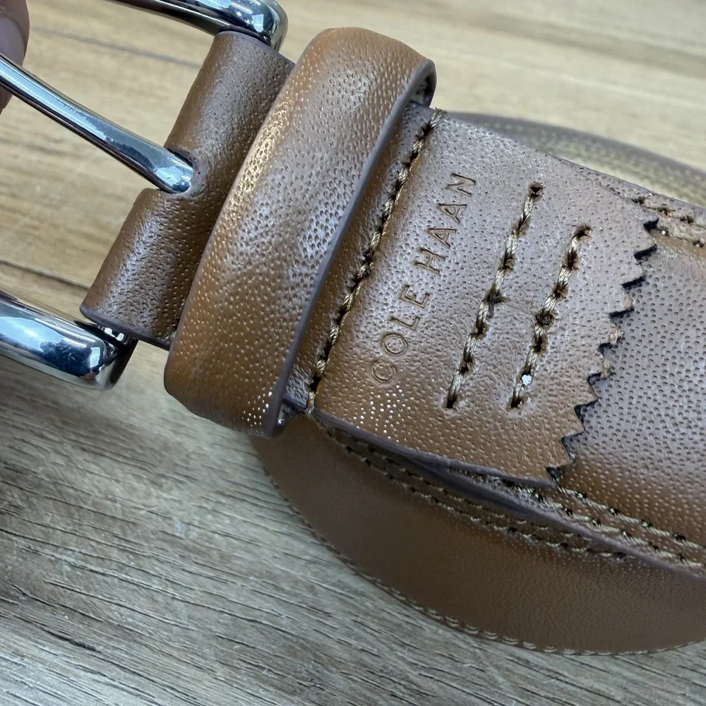 Cole Haan Leather Dress Belt Mens 44 Brown Detail Stitched Edge Silver Buckle